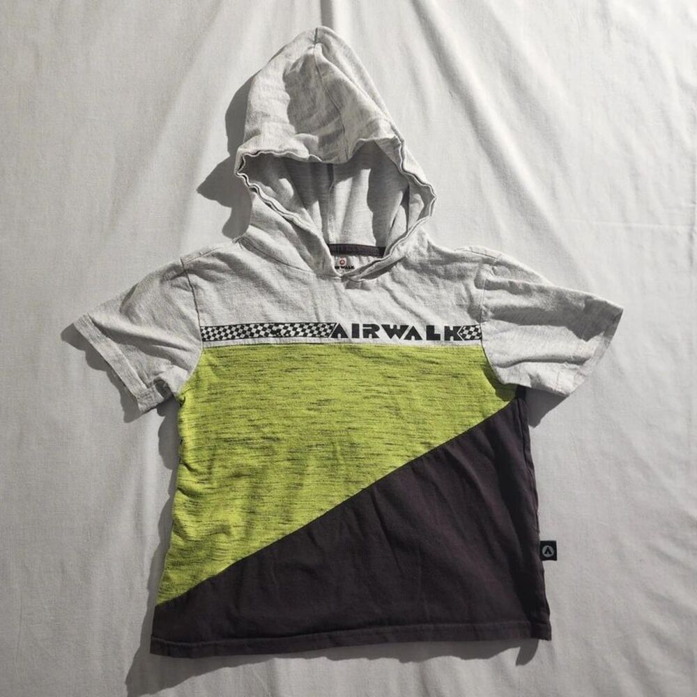 Airwalk Boys Short Sleeve Hooded Shirt S 5 Gray Neon Yellow Colorblock